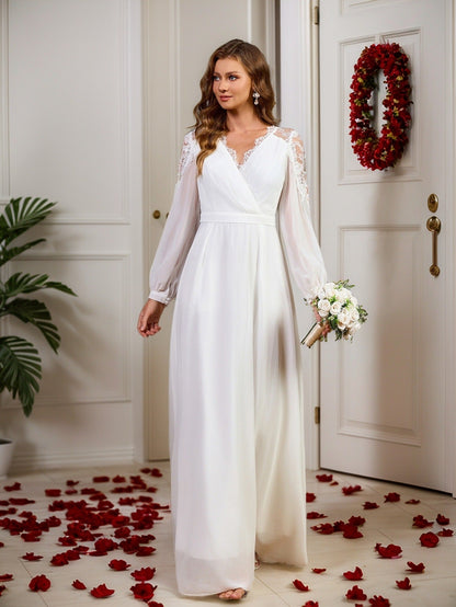 A-Line Chiffon Maxi Dress with Deep V-Neck and Lace Back