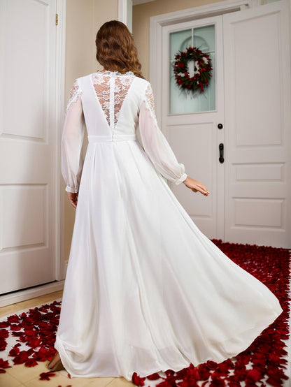 A-Line Chiffon Maxi Dress with Deep V-Neck and Lace Back