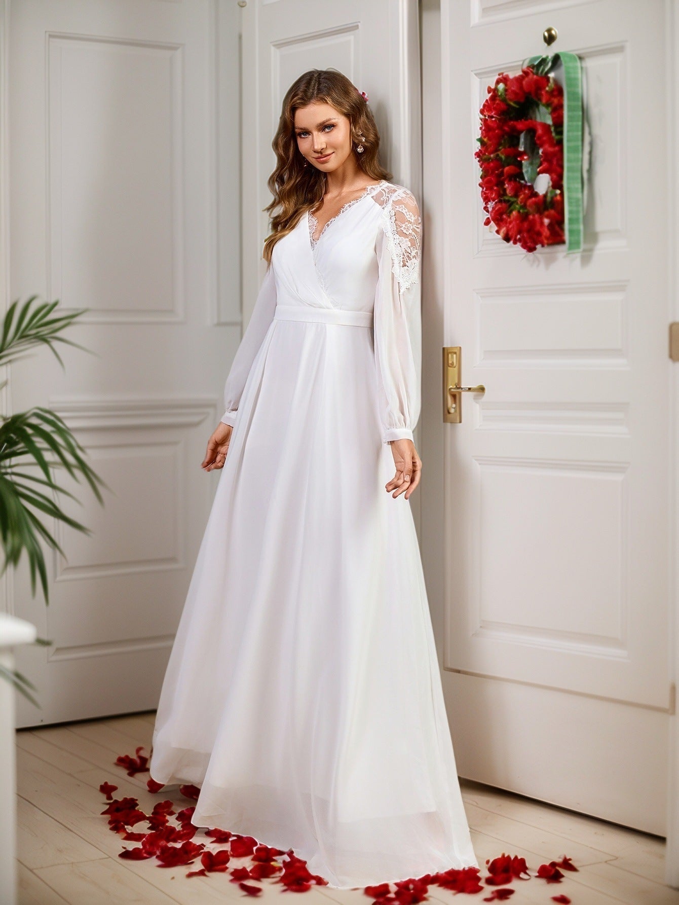 A-Line Chiffon Maxi Dress with Deep V-Neck and Lace Back