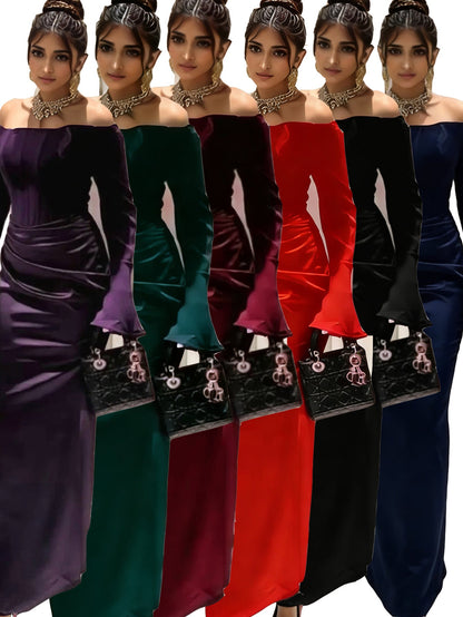 Sheath Maxi Dress with Off-Shoulder Long Sleeves and Draped Detail