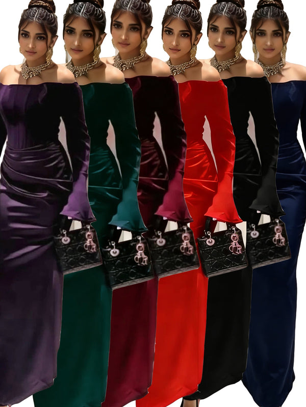 Sheath Maxi Dress with Off-Shoulder Long Sleeves and Draped Detail