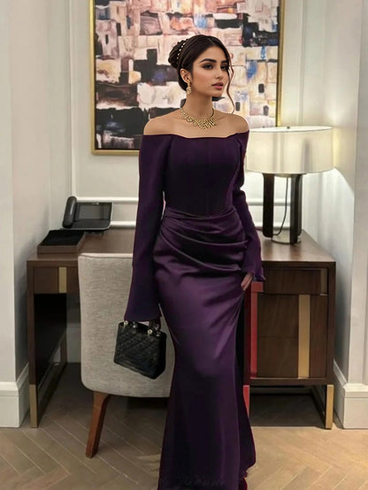 Sheath Maxi Dress with Off-Shoulder Long Sleeves and Draped Detail
