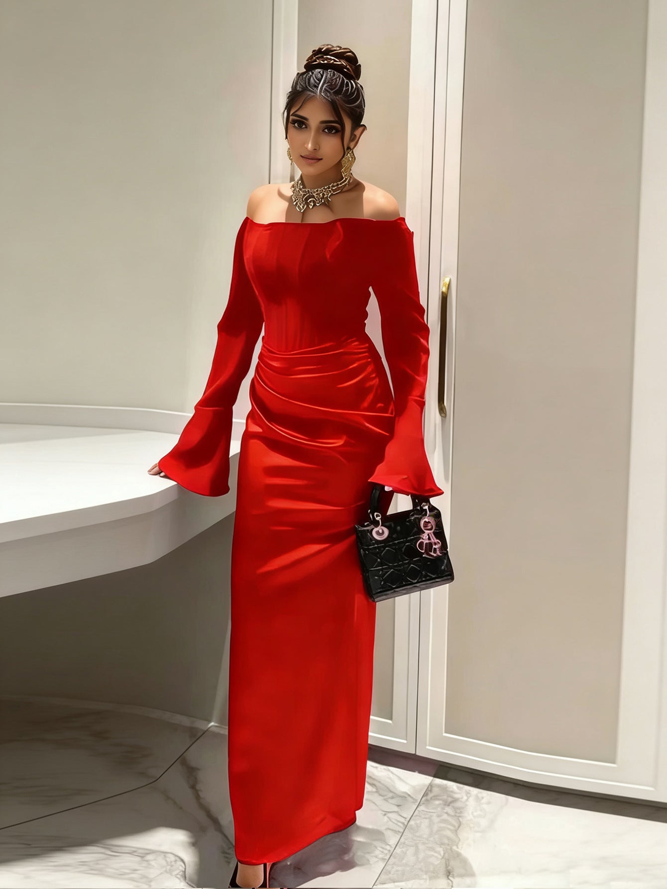 Sheath Maxi Dress with Off-Shoulder Long Sleeves and Draped Detail