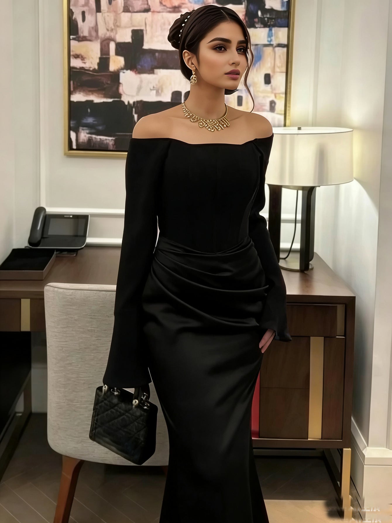 Sheath Maxi Dress with Off-Shoulder Long Sleeves and Draped Detail