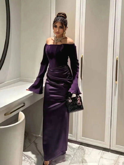 Sheath Maxi Dress with Off-Shoulder Long Sleeves and Draped Detail