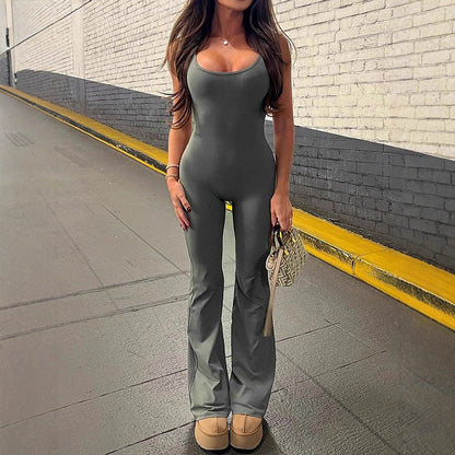 Ribbed Knit Bodycon Flared Leg Jumpsuit with Scoop Neck