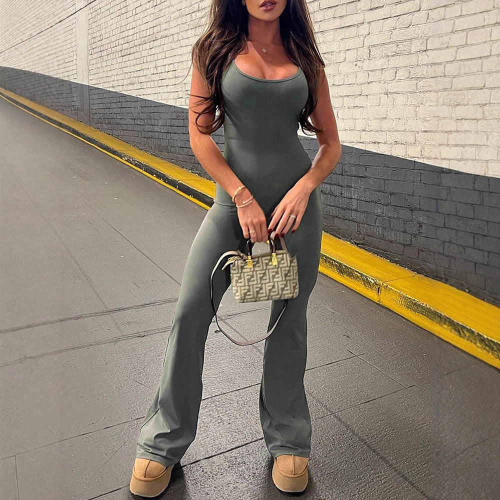 Ribbed Knit Bodycon Flared Leg Jumpsuit with Scoop Neck