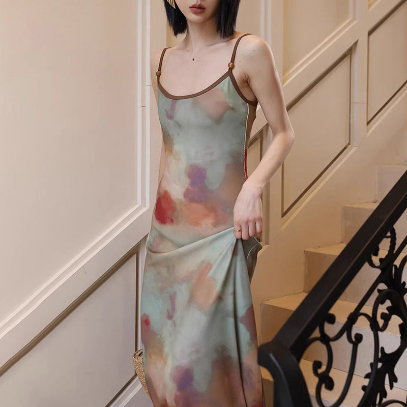 Oil Painting Print Slip Dress with Adjustable Straps