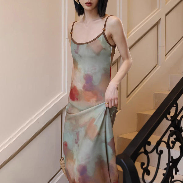 Oil Painting Print Slip Dress with Adjustable Straps