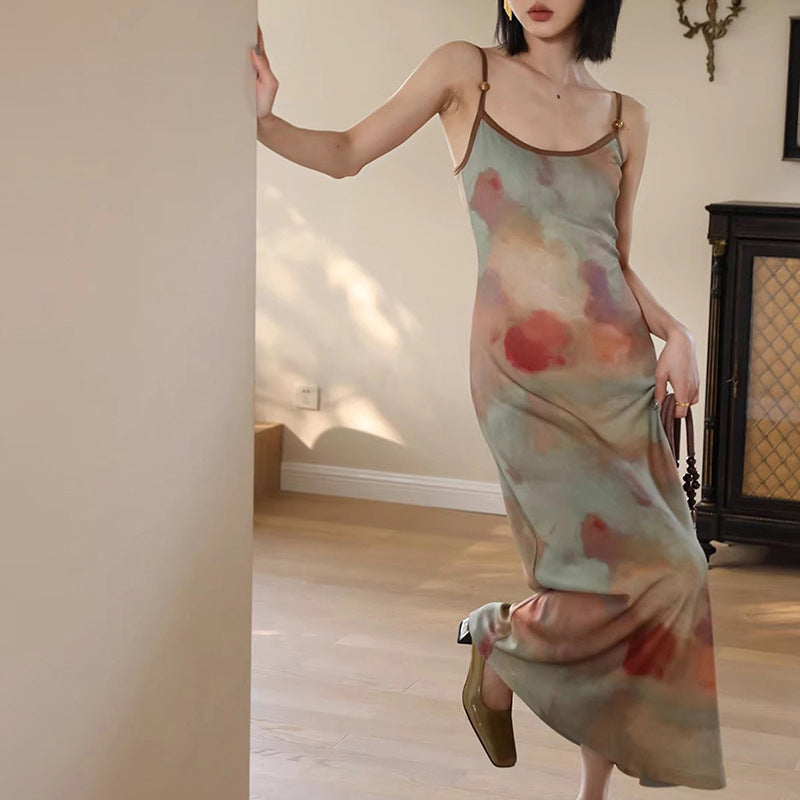 Oil Painting Print Slip Dress with Adjustable Straps