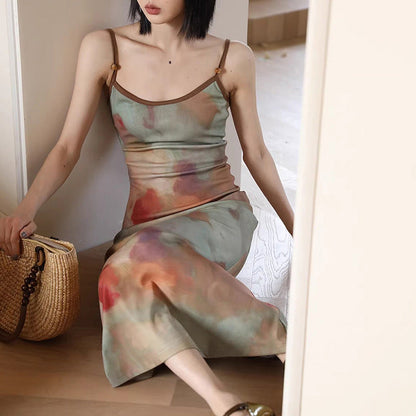 Oil Painting Print Slip Dress with Adjustable Straps