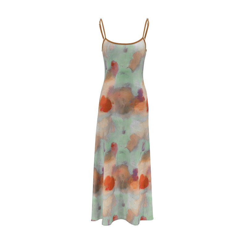 Oil Painting Print Slip Dress with Adjustable Straps