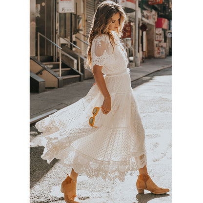 Lace and Gauze Midi Dress with V-Neck and Tiered Skirt