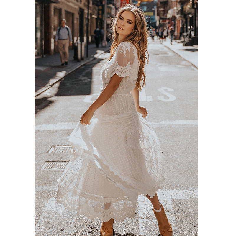 Lace and Gauze Midi Dress with V-Neck and Tiered Skirt
