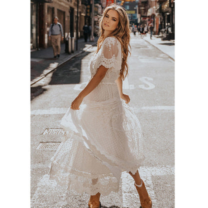 Lace and Gauze Midi Dress with V-Neck and Tiered Skirt