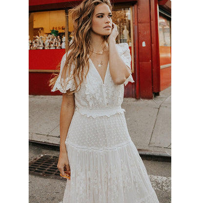 Lace and Gauze Midi Dress with V-Neck and Tiered Skirt