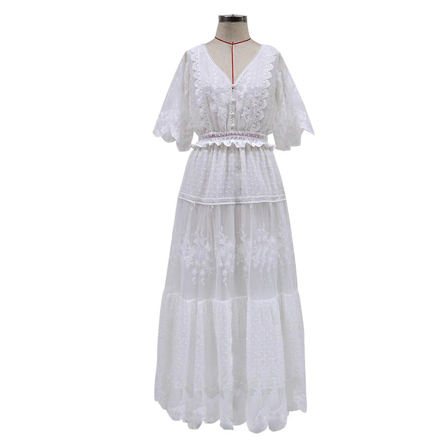 Lace and Gauze Midi Dress with V-Neck and Tiered Skirt