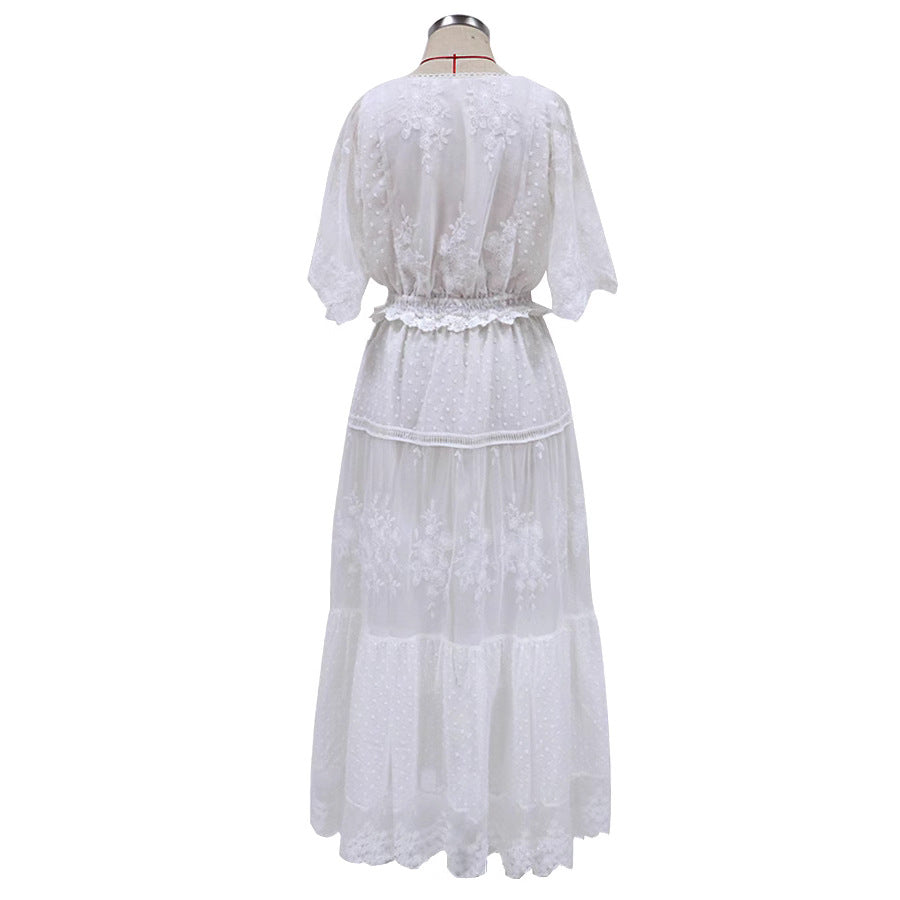Lace and Gauze Midi Dress with V-Neck and Tiered Skirt