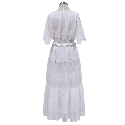 Lace and Gauze Midi Dress with V-Neck and Tiered Skirt