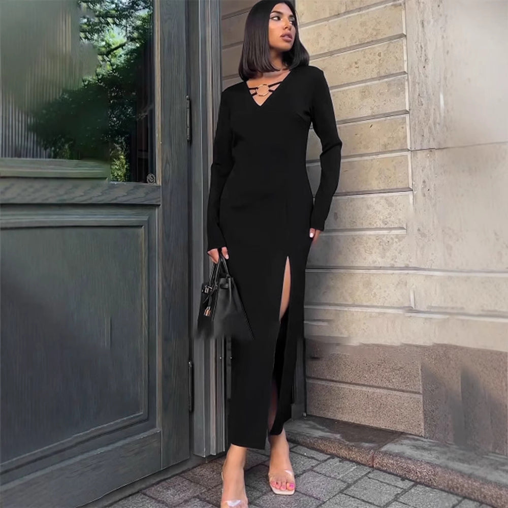 Bodycon Midi Dress with Metal V-Neck and Side Slit
