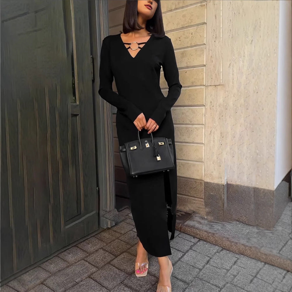 Bodycon Midi Dress with Metal V-Neck and Side Slit