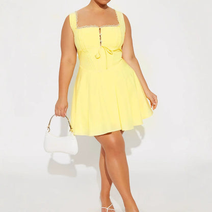 A-Line Mini Dress with Lace Trim Square Neck & Tie Front