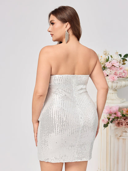 Strapless Bodycon Dress with Sequins and Faux Fur Trim