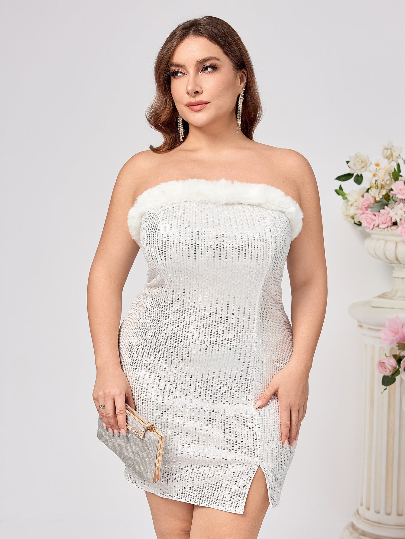 Strapless Bodycon Dress with Sequins and Faux Fur Trim
