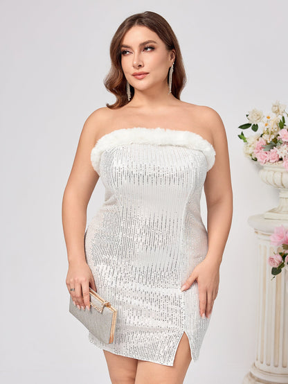 Strapless Bodycon Dress with Sequins and Faux Fur Trim