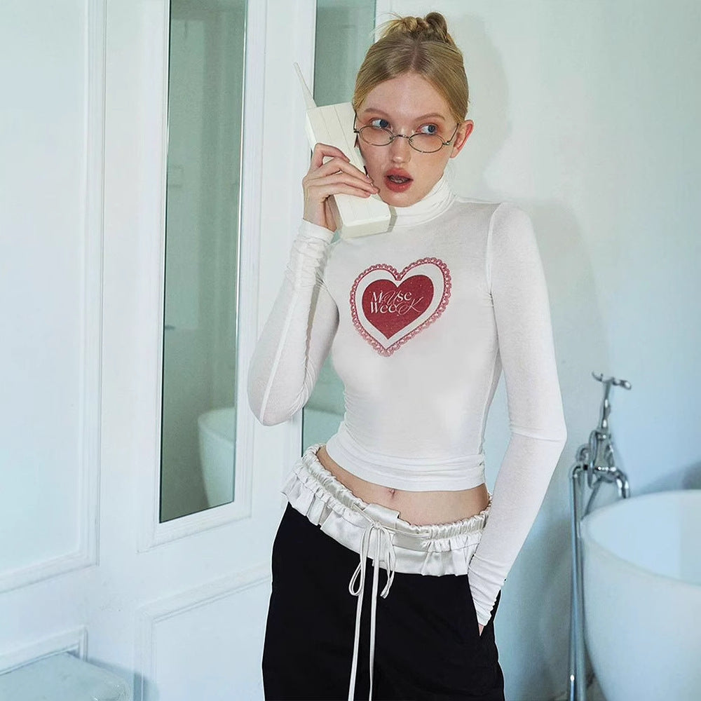 Slim Cropped Long Sleeve Turtleneck Top with Heart Print