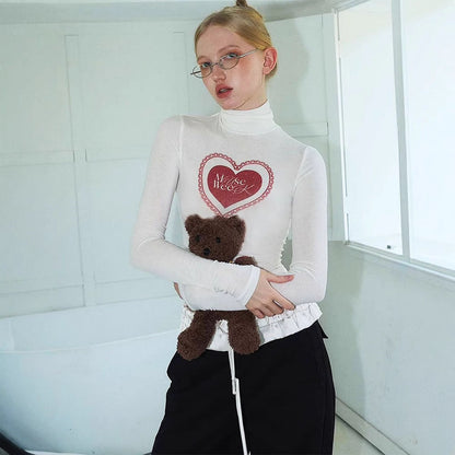 Slim Cropped Long Sleeve Turtleneck Top with Heart Print