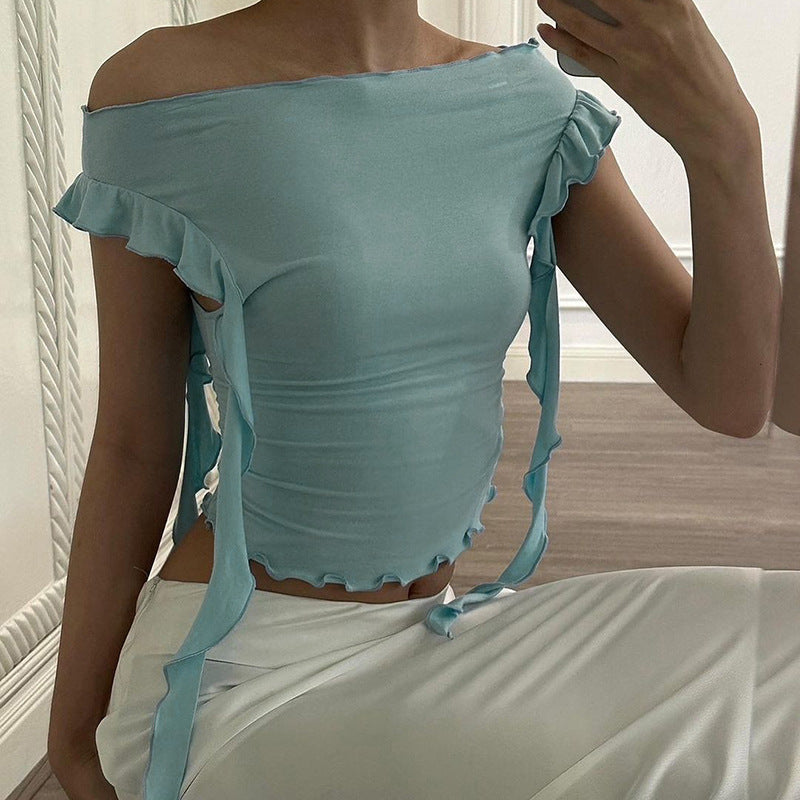 Slim Fit Off-Shoulder Crop Top with Ruffle Trim and Side Ties