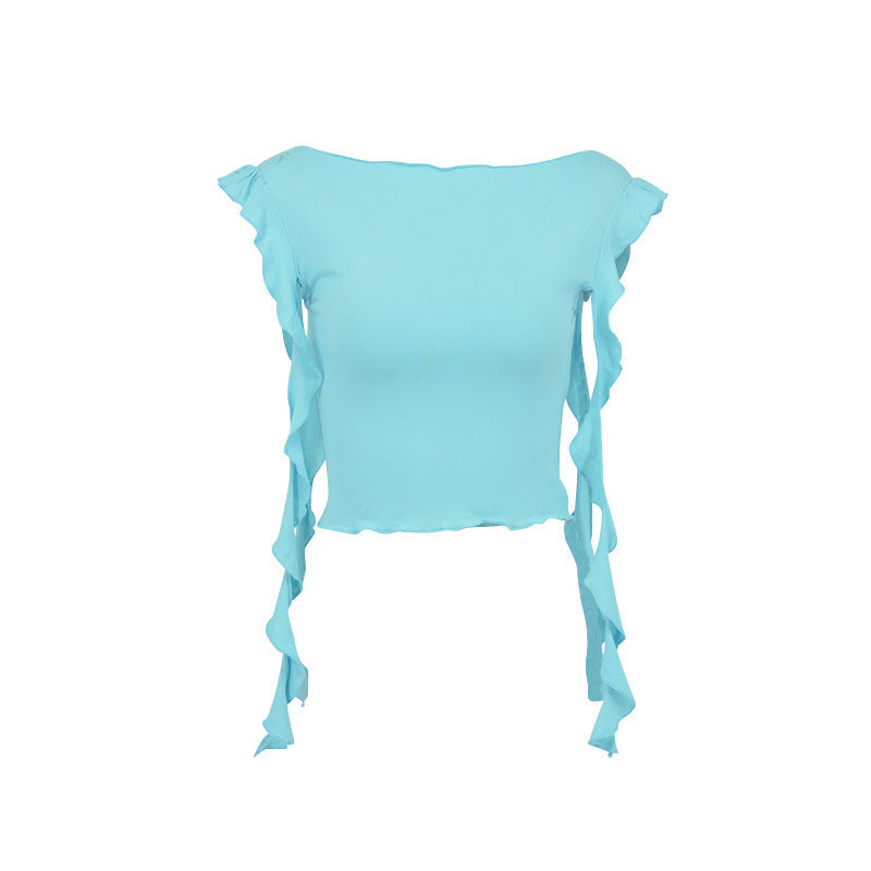 Slim Fit Off-Shoulder Crop Top with Ruffle Trim and Side Ties