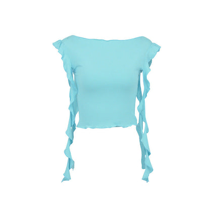 Slim Fit Off-Shoulder Crop Top with Ruffle Trim and Side Ties