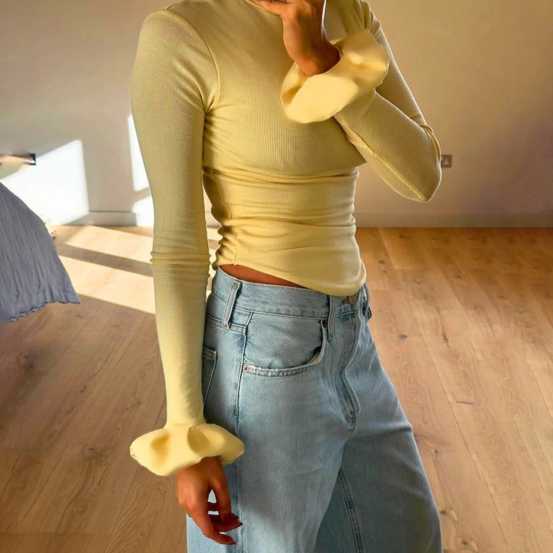 Slim-Fit Cropped Top with Half-High Collar and Ruffled Cuffs