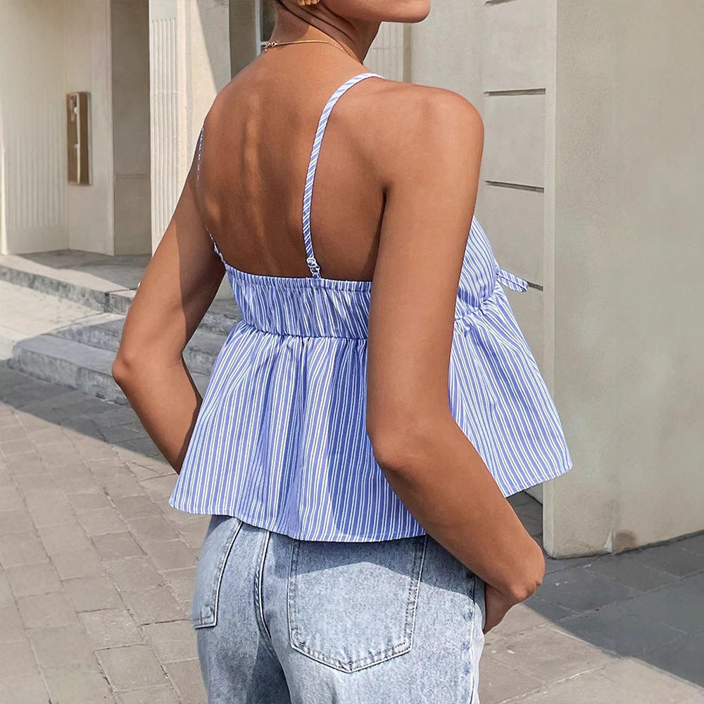 Striped Cami Top with Tie-Front and Peplum Hem