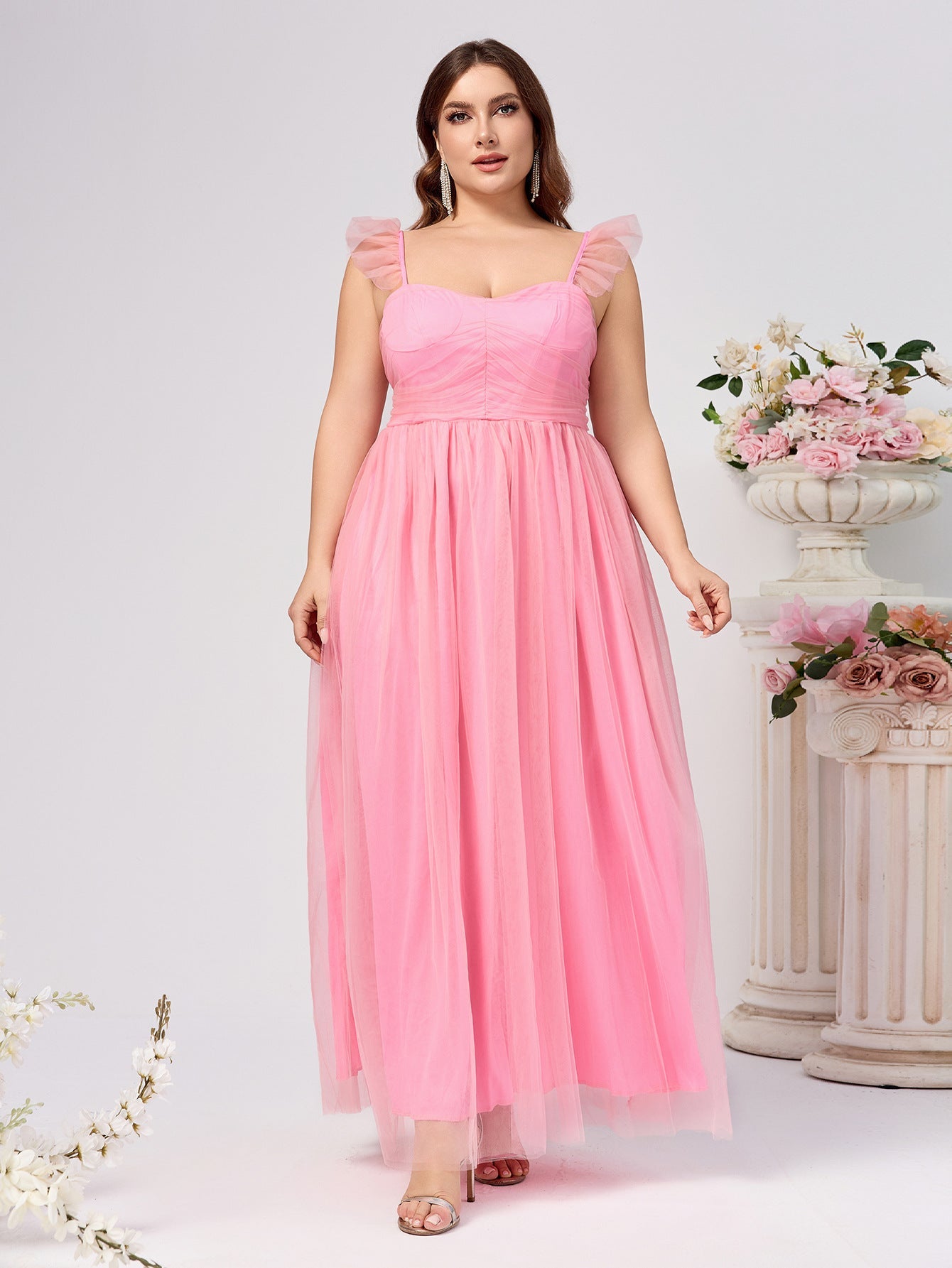 A-Line Midi Mesh Dress with Square Neck and Ruffle Straps