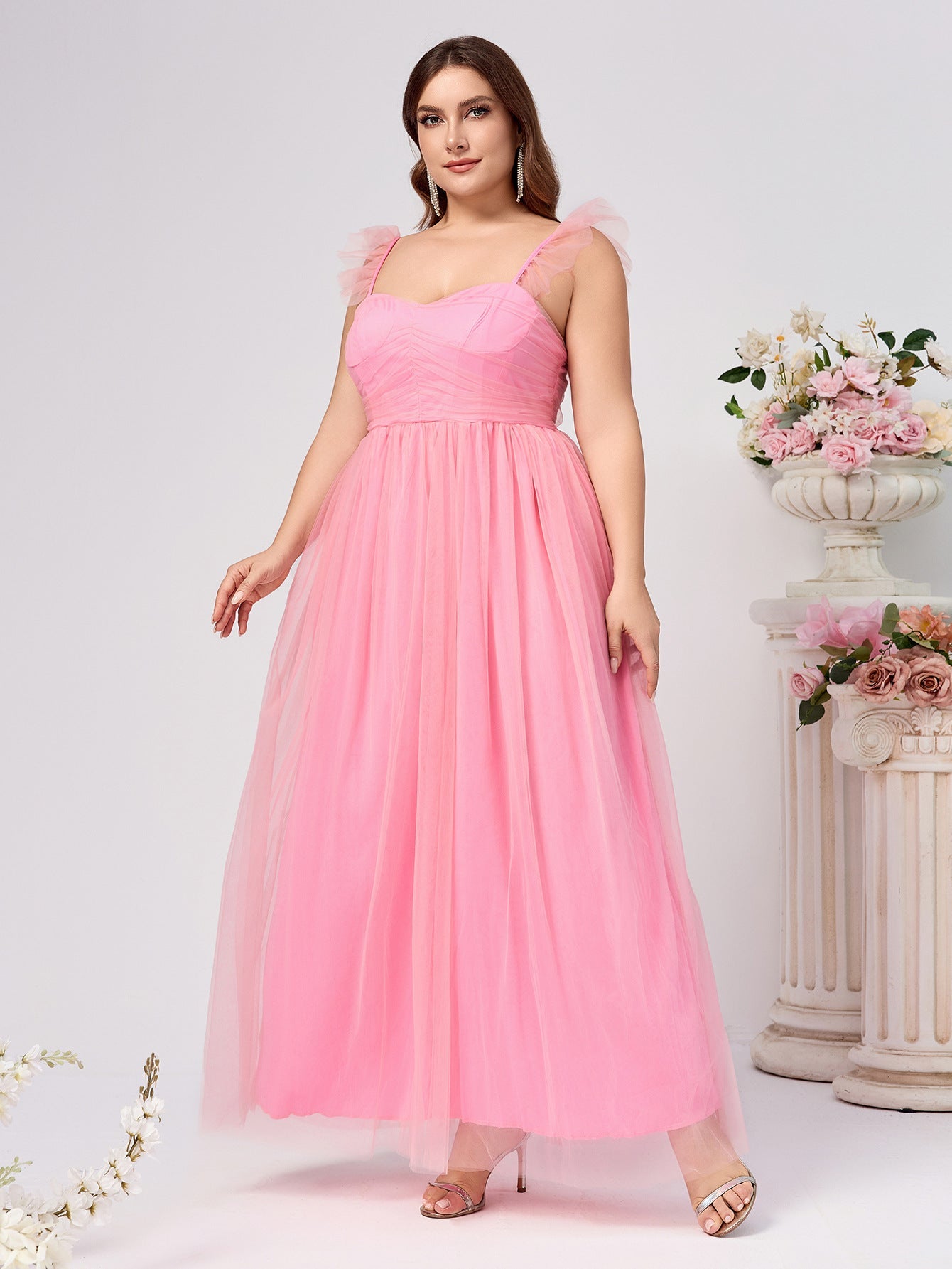 A-Line Midi Mesh Dress with Square Neck and Ruffle Straps