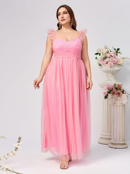 A-Line Midi Mesh Dress with Square Neck and Ruffle Straps