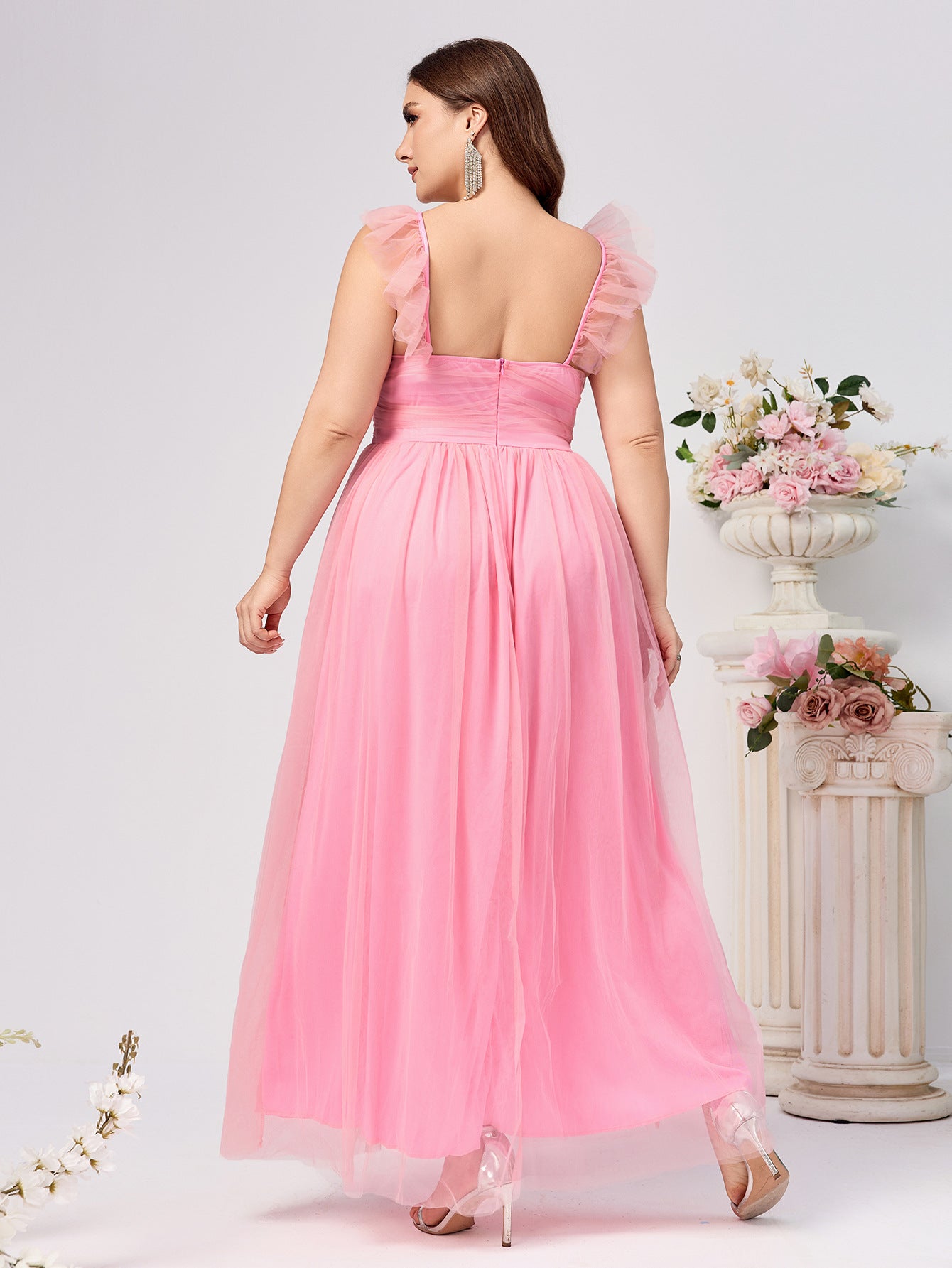 A-Line Midi Mesh Dress with Square Neck and Ruffle Straps