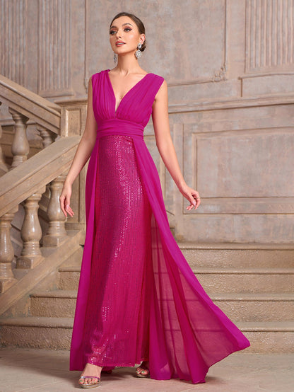 Sheath Maxi Dress with Sequin Skirt and Sheer Overlay