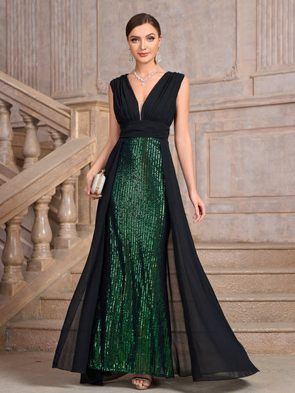 Sheath Maxi Dress with Sequin Skirt and Sheer Overlay