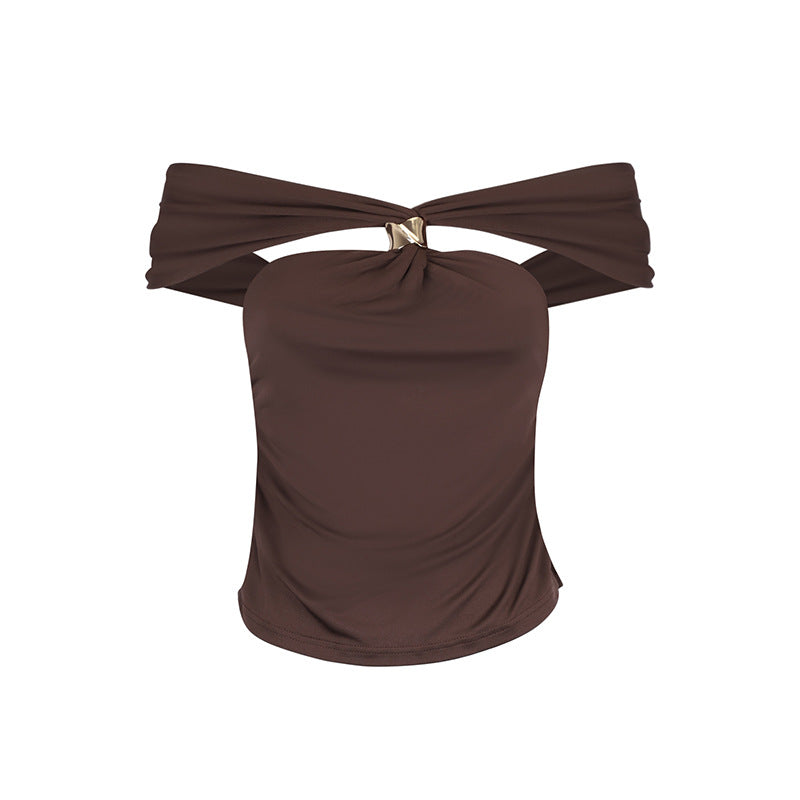 Slim Fit Off-Shoulder Top with Front Cut-Out and Buckle