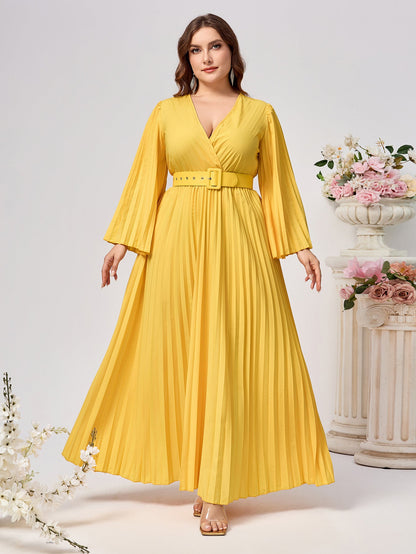Solid Pleated Maxi Dress with V-Neck and Belt