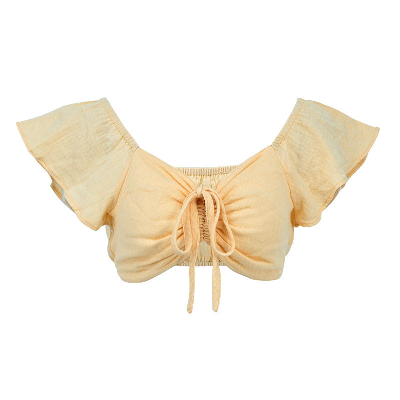 Solid Cropped Top with Petal Sleeves and Drawstring Tie-Front