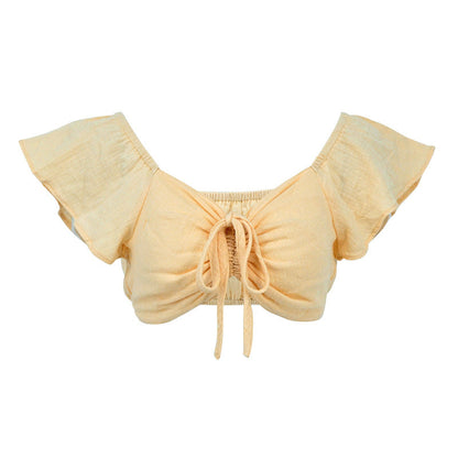 Solid Cropped Top with Petal Sleeves and Drawstring Tie-Front