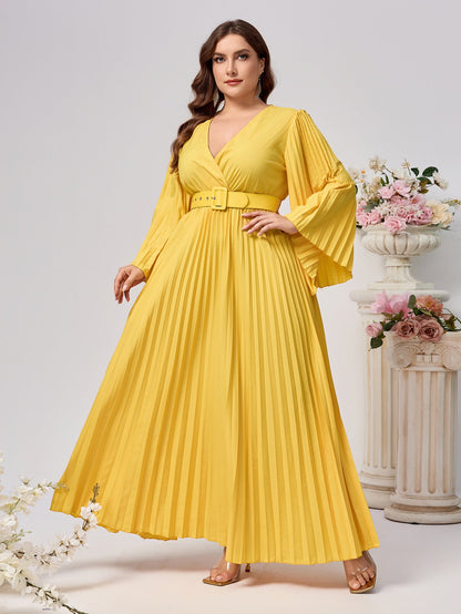 Solid Pleated Maxi Dress with V-Neck and Belt