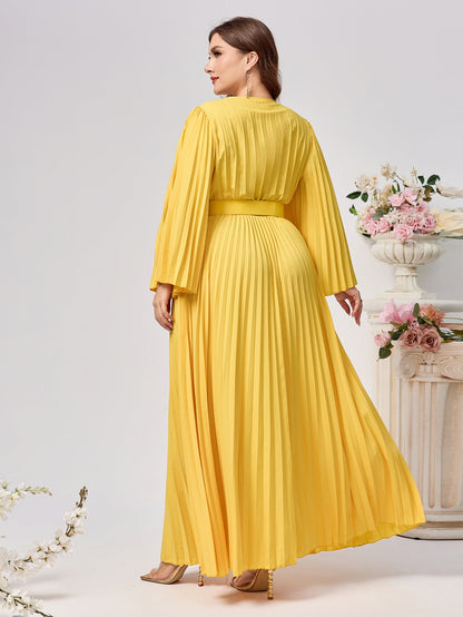 Solid Pleated Maxi Dress with V-Neck and Belt