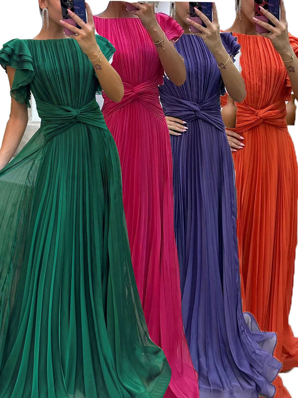 Pleated Maxi Dress with Waist Knot and Ruffle Sleeves