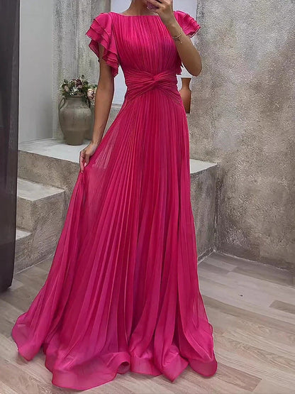 Pleated Maxi Dress with Waist Knot and Ruffle Sleeves